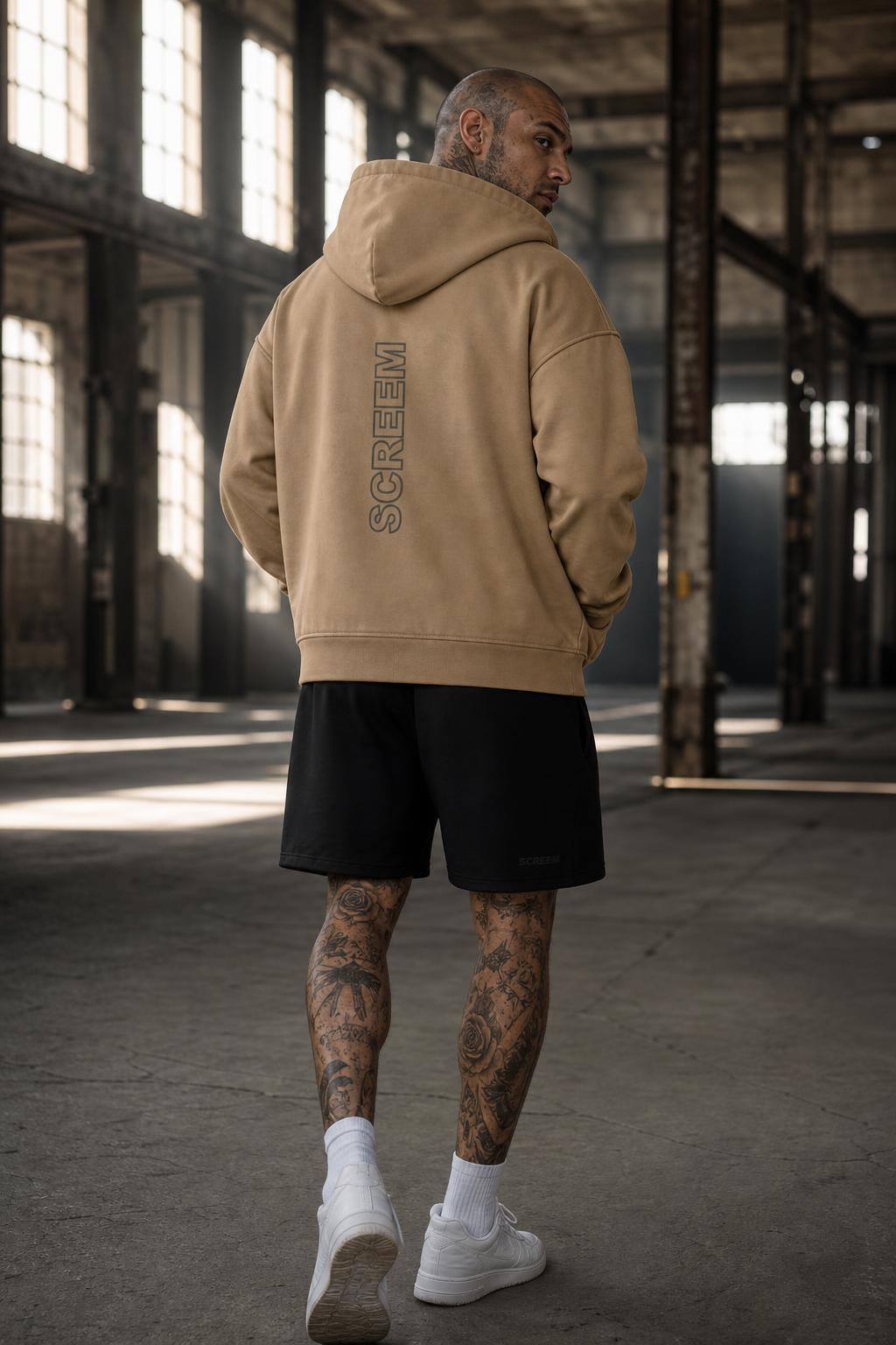 SCREEM Full-Zip Hoodie back with outlined SCREEM logo, campaign photo