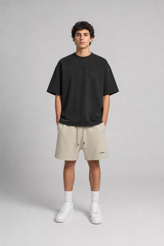 Model wearing SCREEM Washed Tee and shorts, front view